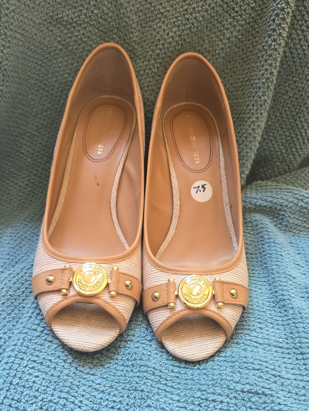 Tommy Hilfiger Women's Beige Peep-Toe Wedge Flats with Gold Accent